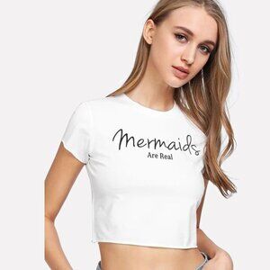 Mermaids  are Real Fitted White Crop Top